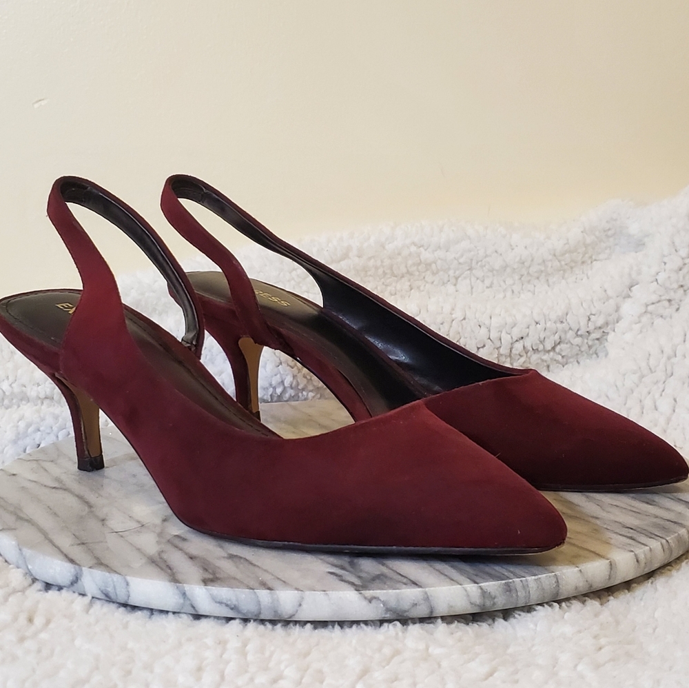 Express Red Suede Slingback Kitten Heels